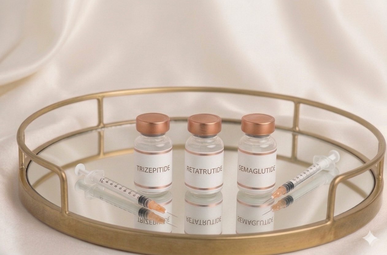 Semaglutide and tirzepatide vials on a gold tray at All About Monroe in Demorest, Georgia
