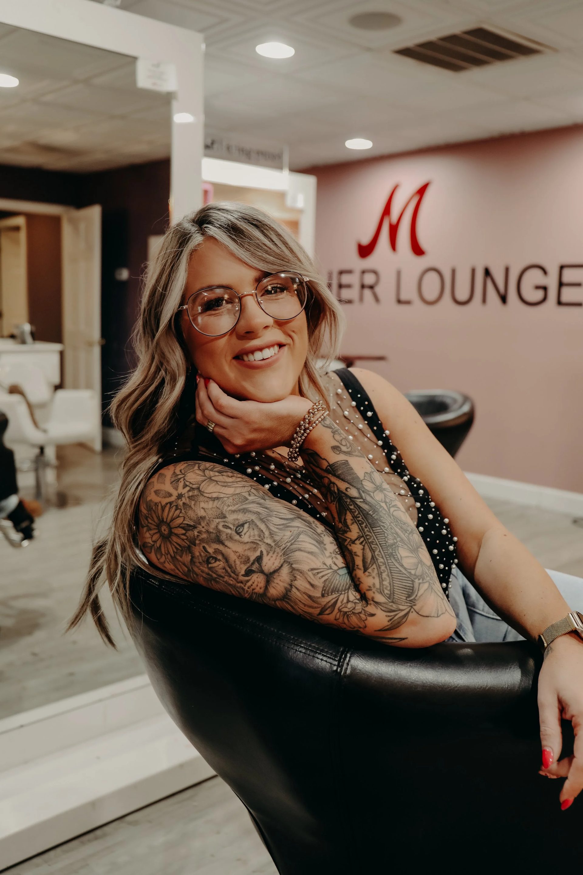 Guest services desk at the Lather Lounge inside All About Monroe in Demorest, Georgia