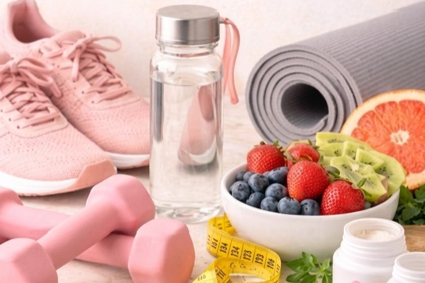 Wellness flatlay with hand weights, water and fresh fruit representing medical weight loss at All About Monroe